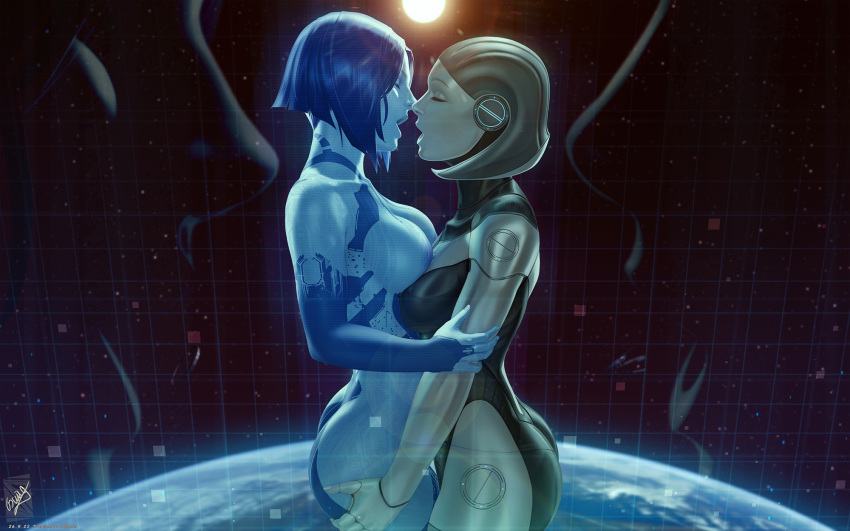 2girls ass_grab blue_hair blue_skin breasts closed_eyes colored_skin copyright_request cortana earth_(planet) edi_(mass_effect) facing_another from_side grabbing_another's_ass groping halo_(series) highres imminent_kiss large_breasts mass_effect_(series) multiple_girls nipples open_mouth planet profile robot_girl short_hair space themaestronoob yuri