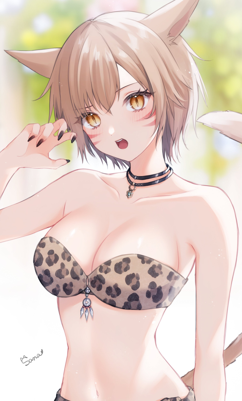 1girl absurdres animal_ears animal_print bare_shoulders bikini black_nails blurry blurry_background blush breasts cat_ears cat_girl cat_tail claw_pose commentary facial_mark final_fantasy final_fantasy_xiv hand_up highres jewelry large_breasts leopard_print light_brown_hair looking_at_viewer miqo'te navel necklace open_mouth orange_eyes sana_(sanamaru_0w0) short_hair signature solo swimsuit tail warrior_of_light_(ff14) whisker_markings