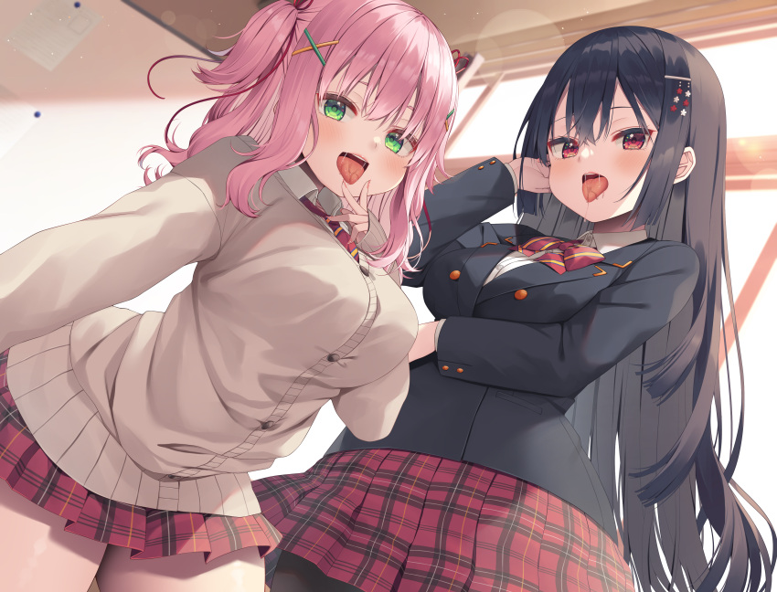 2girls absurdres asa_no_ha_(awayuki) berochu_inkai black_jacket black_pantyhose blazer bow bowtie breast_lift breasts green_eyes hair_ornament hairclip hand_out_of_frame hand_up highres indoors jacket large_breasts long_hair long_sleeves medium_breasts miniskirt multiple_girls necktie non-web_source pantyhose plaid plaid_skirt red_bow red_bowtie red_necktie saliva school_uniform skirt striped_bow striped_necktie sweater tongue tongue_out very_long_hair