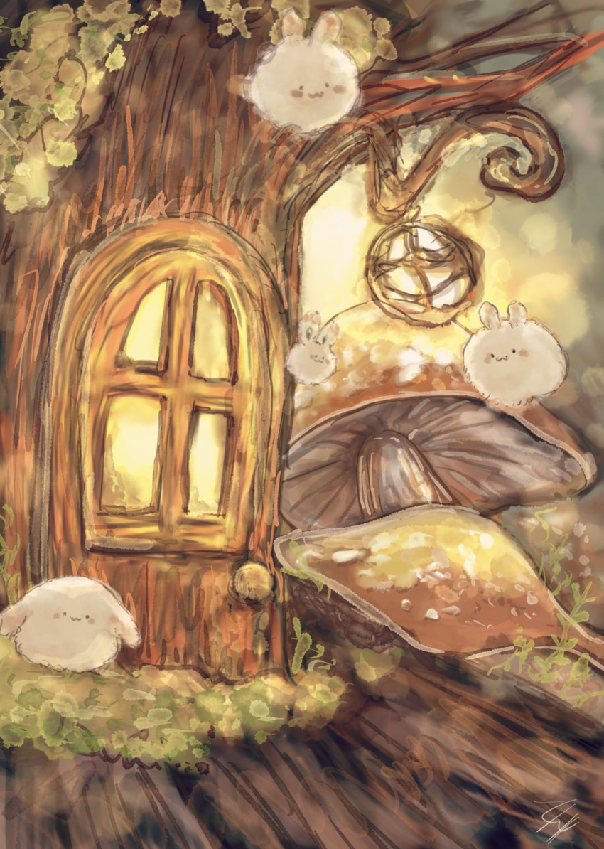 ._. :3 animal_focus artist_name black_eyes blush blush_stickers closed_mouth commentary_request creature door fluffy giant_mushroom grass happy highres lantern looking_at_viewer mushroom night no_humans original outdoors partial_commentary signature smile tensaitou_tou treehouse window