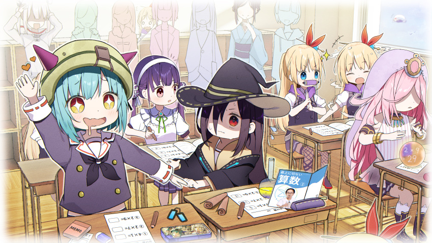 +++ +_+ 6+girls absurdres aged_down asymmetrical_bangs black_neckerchief black_robe blonde_hair blue_kimono bob_cut book bun_cover bungo_yayoi chair classroom clone closed_eyes crystal_ball desk double_bun dress drooling faceless faceless_female fake_horns fishnet_thighhighs fishnets flask flying_sweatdrops fur-trimmed_jacket fur_trim furrowed_brow green_ribbon hair_bun hair_over_one_eye hands_on_own_head hat headband heart heaven_burns_red highres holding holding_pencil horned_headwear horns indoors jacket japanese_clothes kanzaki_adelheid kimono kuji-in leotard long_hair long_sleeves looking_at_another mouth_drool mouth_hold multicolored_eyes multiple_girls neck_ribbon neckerchief notice_lines obi open_mouth paper pencil pencil_case pink_hair pleated_skirt ponytail puffy_short_sleeves puffy_sleeves purple_hair purple_shirt purple_skirt red_eyes ribbon rinki_oohen robe round-bottom_flask sakuraba_seira sash satsuki_mari school_chair school_desk scroll shaded_face shirt short_hair short_sleeves sidelocks sitting skirt sleeve_cuffs sparkle standing team_31c_(heaven_burns_red) tenne_miko thighhighs twintails v-shaped_eyebrows veil very_long_hair white_dress white_headband white_leotard wide_sleeves witch_hat yamawaki_bon_ivar yellow_eyes