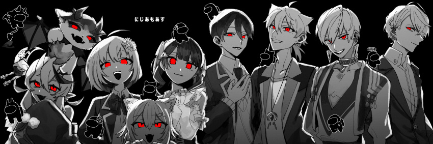 4boys 4girls :d among_us animal_ears artist_request black_background bow cat cat_ears check_artist choker crewmate_(among_us) debidebi_debiru flower fumino_tamaki fushimi_gaku hair_flower hair_ornament hairclip hand_up highres honma_himawari ibrahim_(nijisanji) jewelry kagami_hayato kenmochi_touya looking_at_viewer male_focus multiple_boys multiple_girls neck_ring necklace nijisanji red_eyes rindou_mikoto smile sweater_vest tsukino_mito ziyi_(siina314_2434)