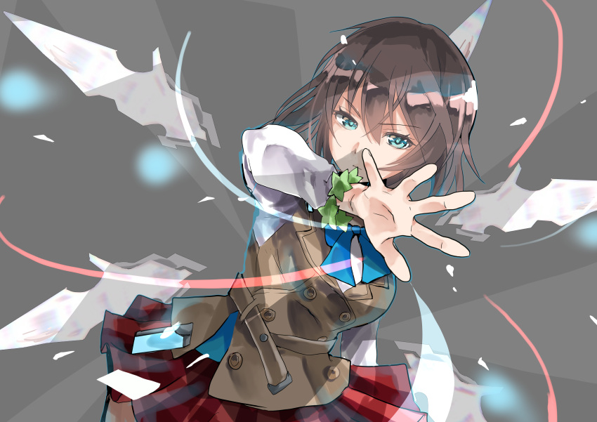 1girl absurdres aoi_erika aqua_eyes blue_bow blue_bowtie bow bowtie breasts brown_hair brown_vest chomado closed_mouth commentary grey_background heaven_burns_red highres light_trail long_sleeves medium_breasts pleated_skirt red_skirt school_uniform shirt short_hair skirt solo upper_body vest white_shirt