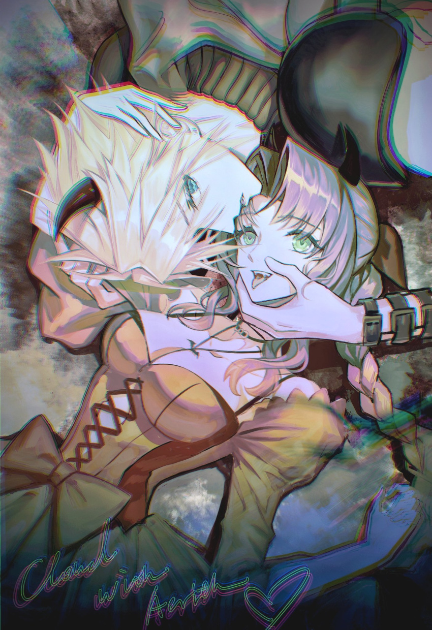 1boy 1girl aerith_gainsborough arm_strap armor bat_necklace blonde_hair blue_eyes bow braid braided_ponytail breasts brown_hair character_name cleavage cloud_strife couple demon_horns dress dress_bow fangs final_fantasy final_fantasy_vii final_fantasy_vii_remake green_eyes hair_ribbon halloween_costume hand_in_another's_hair hetero highres horns long_hair medium_breasts off-shoulder_dress off_shoulder orange_dress parted_bangs parted_lips ribbon short_hair shoulder_armor sidelocks single_braid spiked_hair tongue tongue_out turtleneck upper_body w_arms yaoko yin_yang