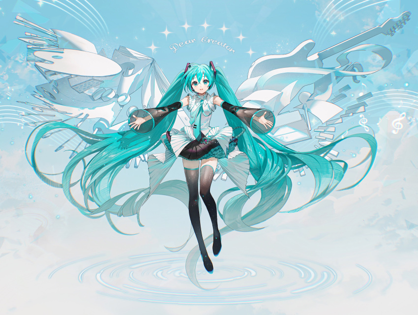 1girl absurdly_long_hair absurdres aqua_eyes aqua_hair aqua_necktie arm_tattoo black_skirt black_sleeves black_thighhighs blue_background detached_sleeves frilled_shirt frilled_skirt frills hatsune_miku highres long_hair looking_at_viewer miniskirt necktie open_mouth outstretched_arms rumoon shirt skirt sleeveless sleeveless_shirt smile solo spread_arms staff_(music) tattoo thighhighs treble_clef twintails very_long_hair vocaloid white_shirt wide_sleeves