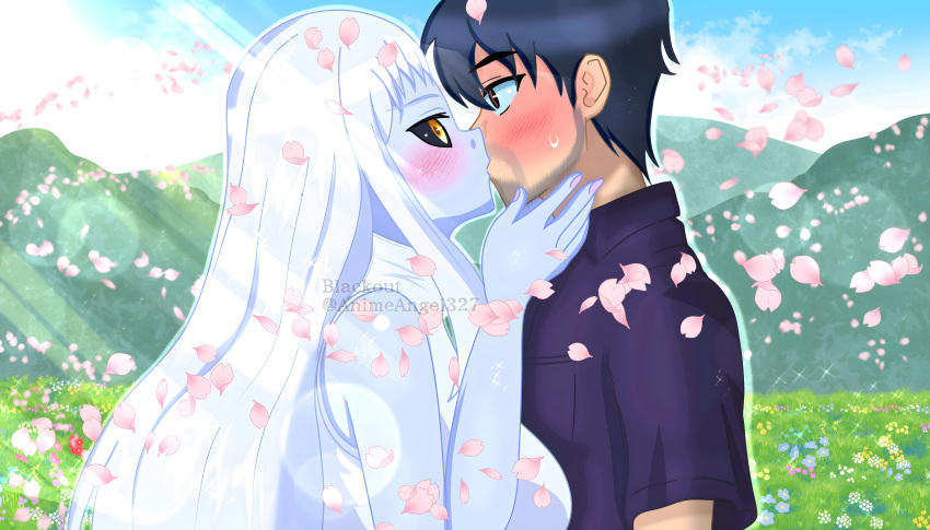 1boy 1girl absurdres black_sclera blue_skin blush colored_sclera colored_skin dress dullahan facial_hair field flower flower_field hetero highres kiss kurusu_kimihito lala_(monster_musume) long_hair monster_girl monster_musume_no_iru_nichijou petals the_blackout white_dress white_hair