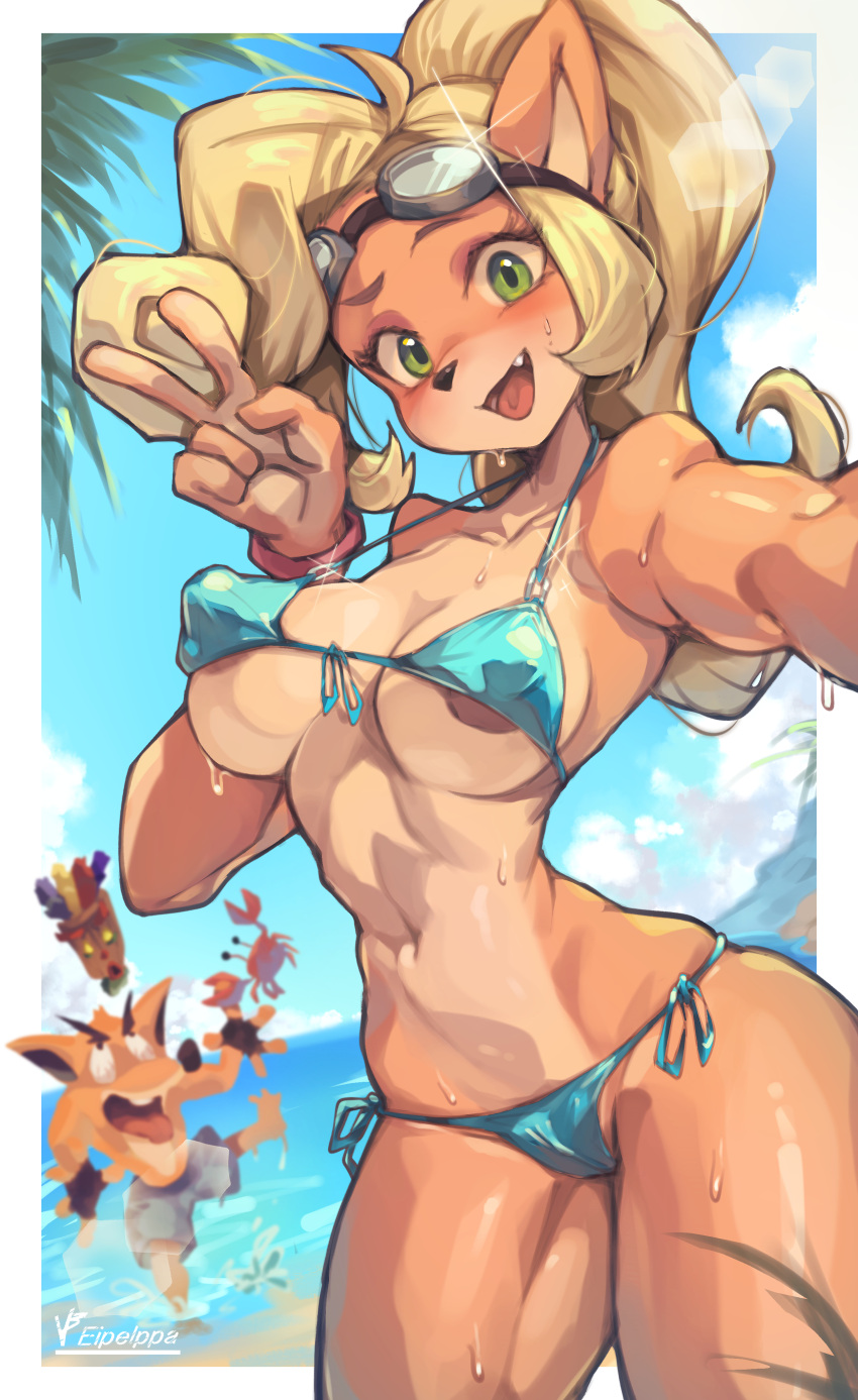 2024 absurd_res activision aku_aku anthro areola areola_slip bandicoot beach bikini blonde_hair blue_bikini blue_clothing blue_swimwear blush border breasts clothing coco_bandicoot crash_bandicoot crash_bandicoot_(series) cute_fangs duo eyebrows eyewear eyewear_on_head fangs female female_focus fur gesture glistening glistening_body glistening_fur goggles goggles_on_head green_eyes hair hand_gesture hi_res iepelppa kemono living_mask looking_at_viewer male mammal marsupial navel nipple_outline open_mouth open_smile orange_body orange_fur outside side-tie_bikini smile string_bikini swimwear tan_body tan_fur teeth v_sign white_border wristband