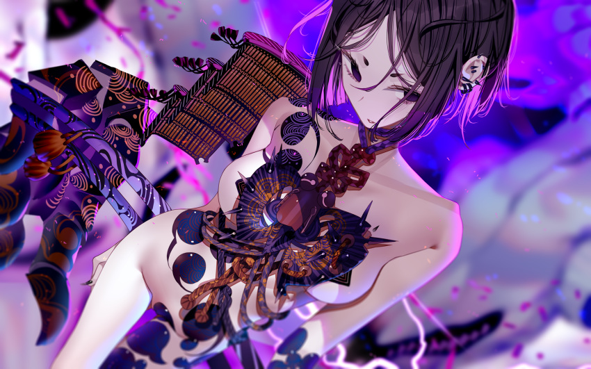 1girl armor atha_(leejuiping) bare_shoulders black_eyes black_hair black_nails breasts dutch_angle ear_piercing fate/grand_order fate_(series) highres hikimayu japanese_armor katana multicolored_hair parted_bangs parted_lips piercing pink_hair sheath short_hair sideboob solo sword two-tone_hair ushi_gozen_(fate) weapon