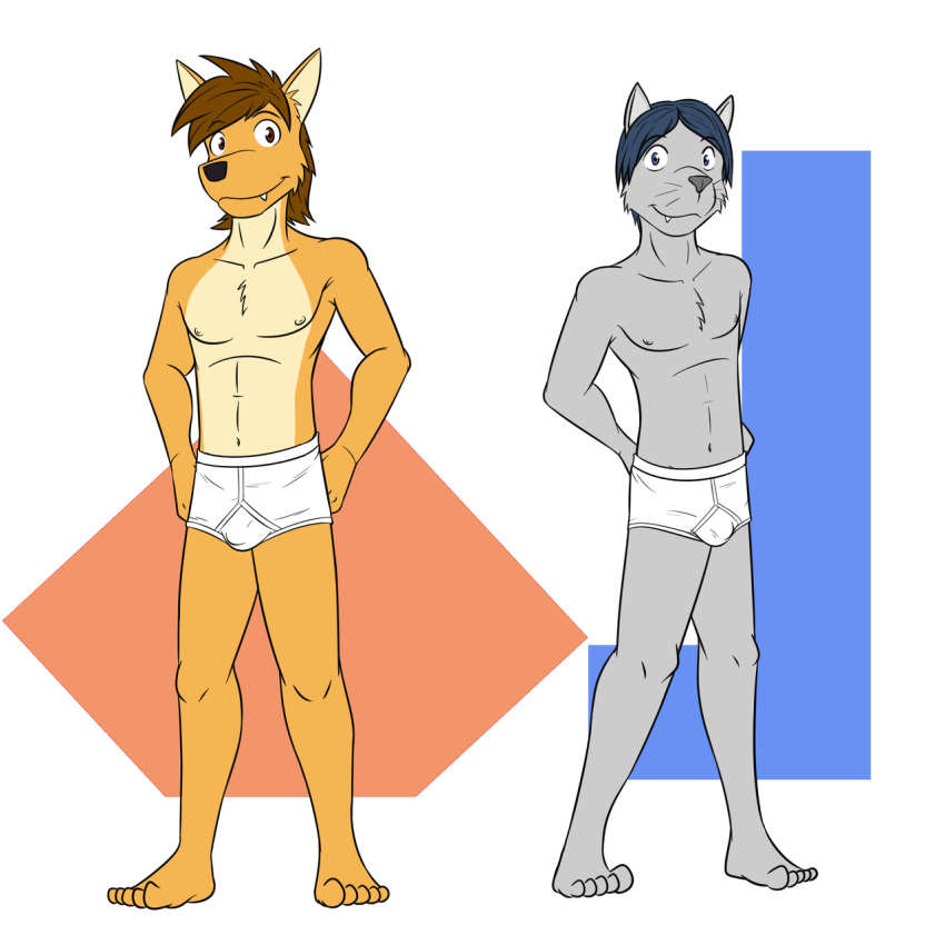 anthro barefoot black_nose blue_eyes blue_hair briefs briefs_only brown_hair canid canine canis clothed clothing coyote detailed_background domestic_cat duo feet felid feline felis fur fuze grey_body grey_bose grey_fur hair hands_on_hips hi_res male mammal mond_reyes monochrome_briefs monochrome_underwear orange_body orange_fur sharp_teeth smile tan_body tan_fur teeth teeth_showing texnatsu topless underwear underwear_only whiskers y-fronts yuuki_(fuze)