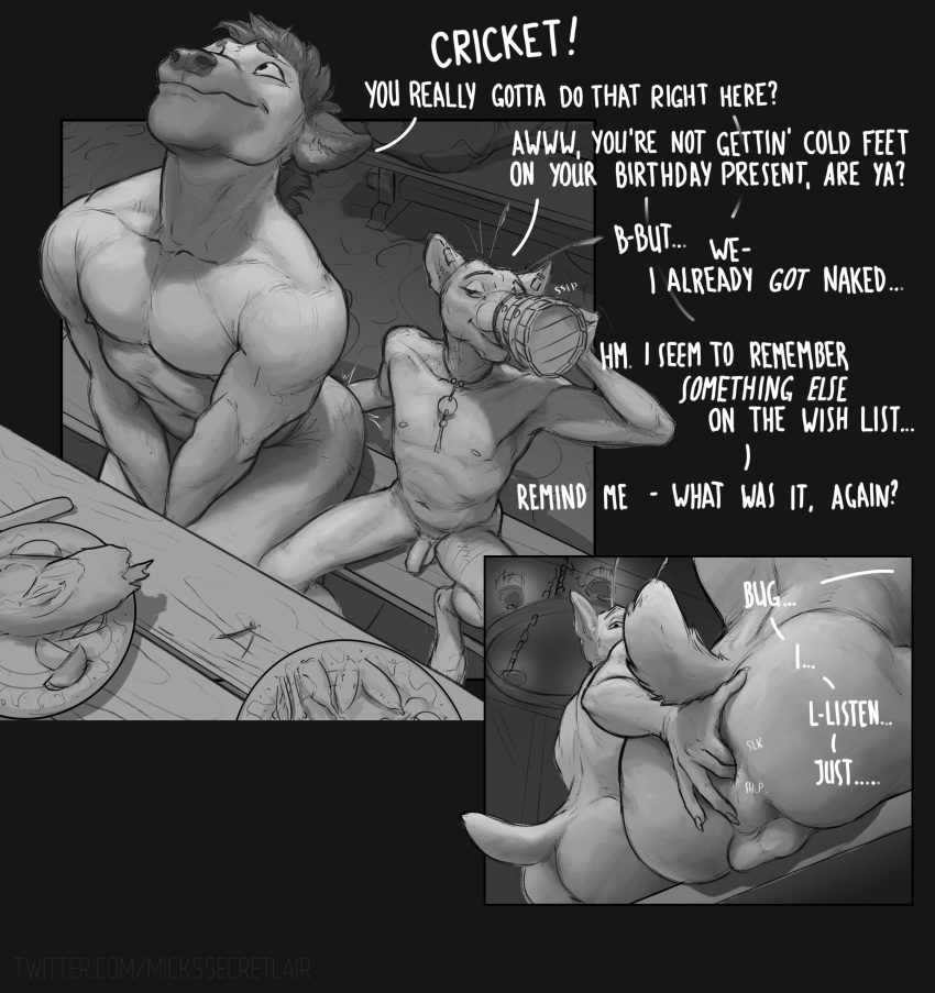 2024 absurd_res alcohol amulet anal anal_fingering anal_penetration anthro anthro_on_anthro anthro_penetrated anthro_penetrating anthro_penetrating_anthro backsack balls beverage big_butt big_muscles birthday black_border border butt comic dialogue domestic_cat drinking duo english_text eyebrows felid feline felis fingering fingering_partner food fur genitals greyscale hair hairless hi_res holding_beverage holding_mug holding_object hyena inside jewelry larger_penetrated looking_pleasured male male/male male_penetrated male_penetrating male_penetrating_male mammal mickey_the_retriever monochrome mug multiple_scenes muscular muscular_anthro muscular_male narrowed_eyes navel necklace nipples nude pecs penetration perineum plate public public_nudity public_sex sex sitting size_difference skinny skinny_anthro skinny_male small_dom_big_sub tavern text tuft url