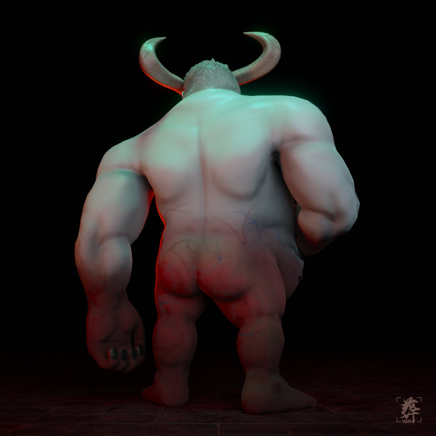 1boy 3d ass bara black_nails colored_skin commission completely_nude curled_horns demon_boy demon_horns facing_away from_behind full_body grey_skin highres horns large_hands male_focus monster_boy muscular muscular_male nude solo standing strongman_waist thick_arms v.dghtr_(soevgdr) veins veiny_arms