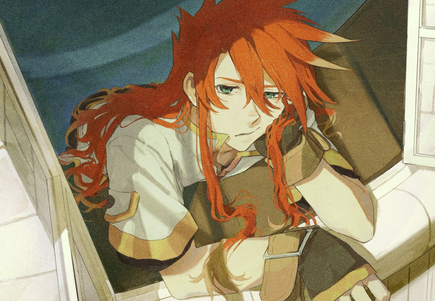 1boy brown_gloves commentary_request elbow_rest fingerless_gloves from_above from_outside gloves green_eyes hair_between_eyes hand_on_own_face head_rest highres jacket long_hair looking_at_viewer looking_up luke_fon_fabre male_focus meba open_window popped_collar red_hair short_sleeves sidelocks solo spiked_hair tales_of_(series) tales_of_the_abyss upper_body white_jacket window