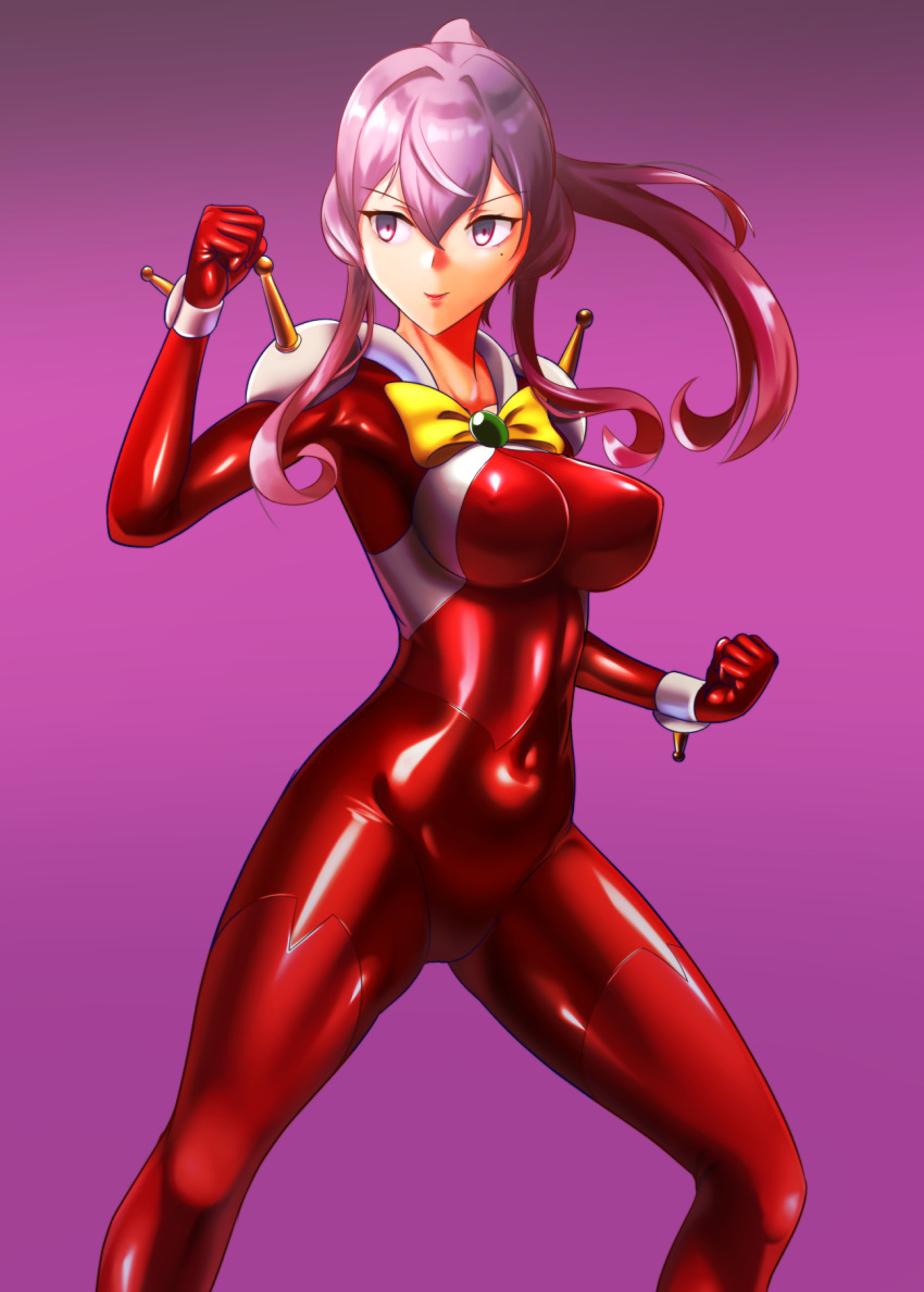 1girl allenby_beardsley allenby_beardsley_(cosplay) bodysuit breasts cosplay fighting_stance g_gundam gotland_(kancolle) gundam hair_between_eyes highres kantai_collection large_breasts long_hair looking_at_viewer mobile_trace_suit mole mole_under_eye pink_background pink_hair red_bodysuit skin_tight smile solo wata_nuki