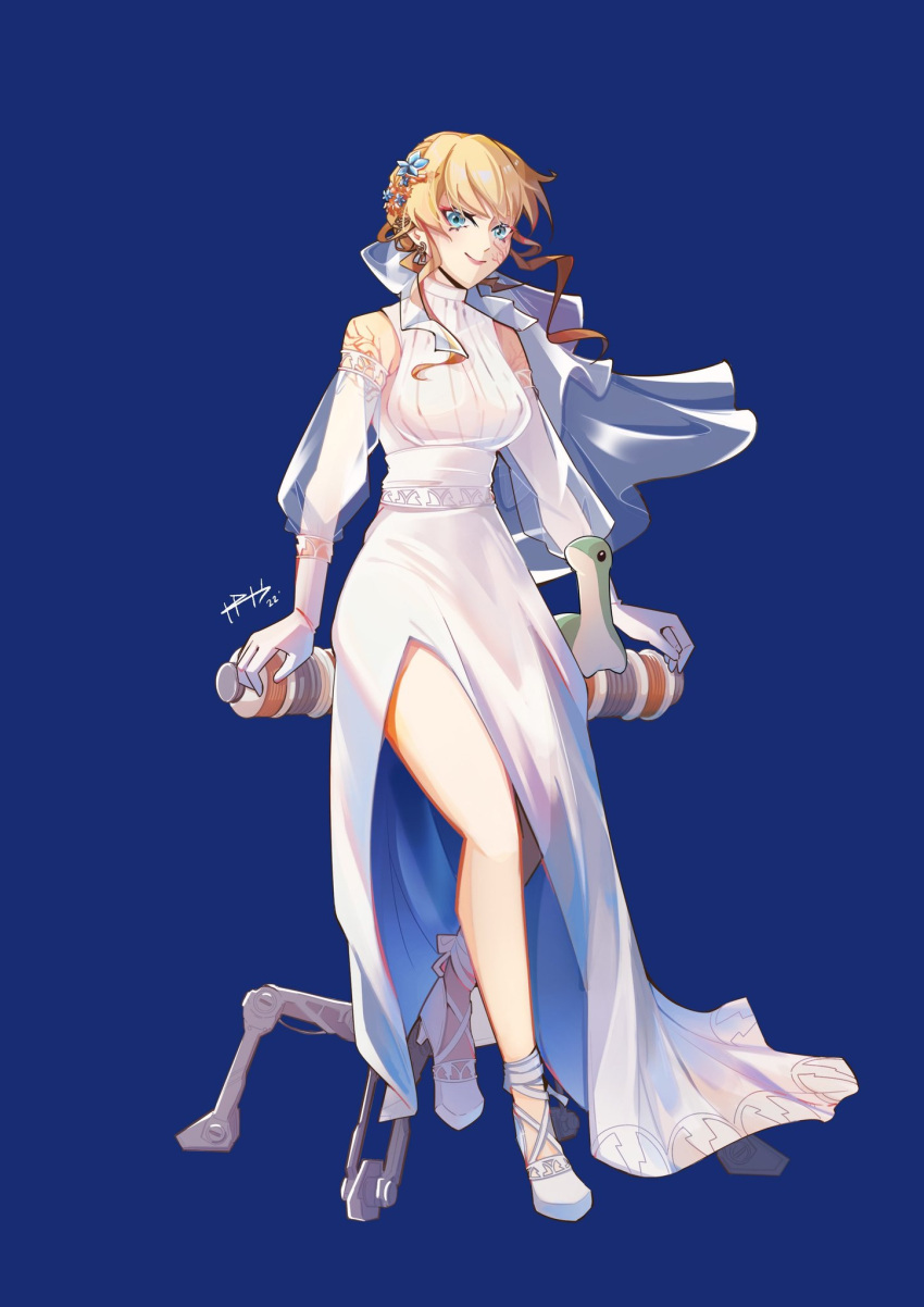 1girl alternate_costume animification apex_legends blonde_hair blue_background breasts detached_sleeves dress earrings full_body highres jewelry looking_at_viewer medium_breasts nessie_(respawn) scar scar_on_cheek scar_on_face see-through_veil signature sitting sleeveless sleeveless_dress smile solo stuffed_toy wattson_(apex_legends) wedding_dress white_dress white_footwear yapyapyapiris