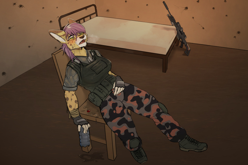 anthro bed bodily_fluids bottle bullet_hole camo camo_clothing camo_print chair cheetah clothed clothing container dog_tags exhausted felid feline female fingerless_gloves fully_clothed furniture gloves gun hair handwear hi_res holding_object katlynn_tailor knee_pads leaning leaning_backward looking_up mammal markings military nootkep on_chair pattern_clothing purple_hair ranged_weapon red_cheeks rifle sitting sitting_on_chair sniper_rifle solo solo_focus spots spotted_markings sweat tan_body tired_eyes water_bottle weapon wet wet_clothing wraps