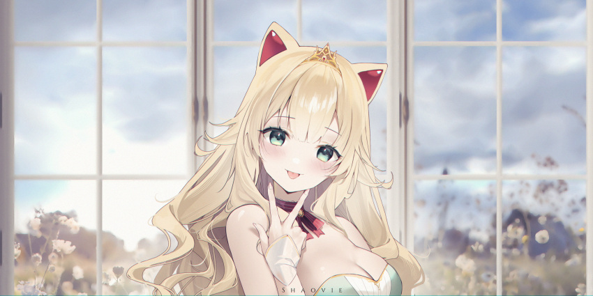 1girl absurdres animal_ears bare_shoulders blonde_hair blurry blurry_background blush breasts cat_ears green_eyes hair_between_eyes highres long_hair looking_at_viewer medium_breasts neck_ribbon open_mouth original princess ribbon ribbon-trimmed_bow shaoviie sleeveless smile solo tiara v virtual_youtuber window