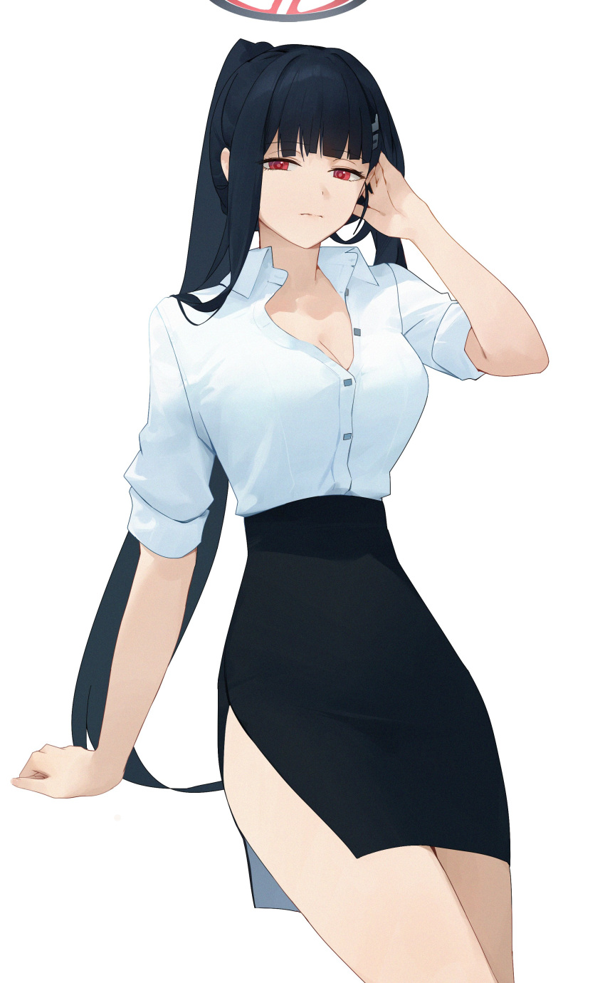 1girl absurdres adjusting_hair arm_support black_hair black_skirt blue_archive breasts cleavage closed_mouth collared_shirt dokshuri hair_ornament hairclip halo highres long_hair partially_unbuttoned pencil_skirt ponytail red_eyes rio_(blue_archive) shirt side_slit skirt sleeves_rolled_up solo white_background white_shirt