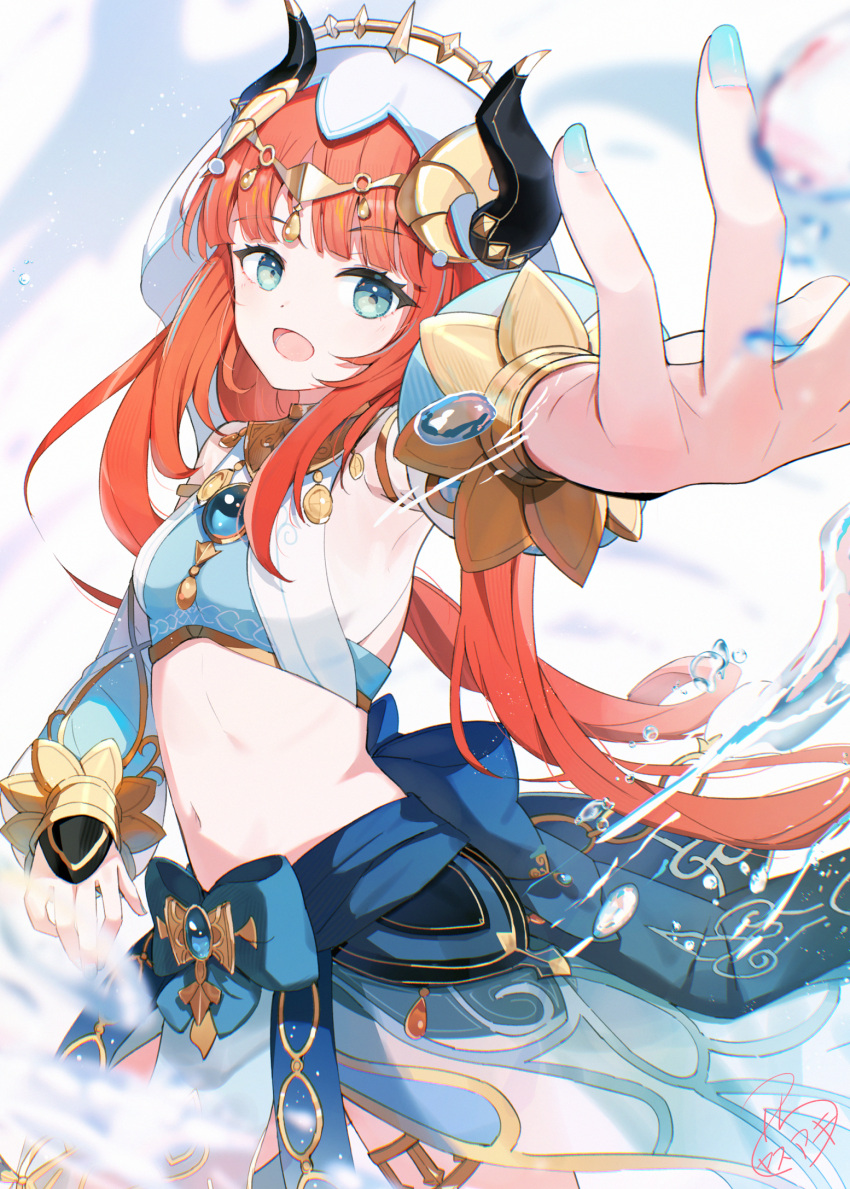 1girl blue_gemstone blue_veil blush bracer breasts brooch circlet crop_top dancer detached_sleeves fake_horns gem genshin_impact gold_trim harem_outfit highres horns jewelry long_hair long_sleeves looking_at_viewer medium_breasts navel neck_ring nilou_(genshin_impact) nishi_yasuaki puffy_long_sleeves puffy_sleeves red_hair skirt smile solo stomach thighlet twintails veil white_headdress white_veil
