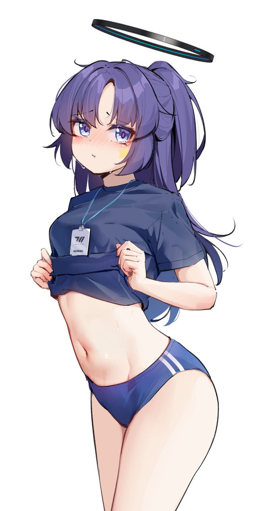 1girl absurdres black_shirt blue_archive blue_buruma blush breasts buruma closed_mouth clothes_lift cowboy_shot facial_mark gym_uniform halo highres id_card lanyard lifted_by_self long_hair looking_at_viewer mechanical_halo medium_breasts navel official_alternate_costume painterliuhao ponytail purple_eyes purple_hair shirt shirt_lift short_sleeves simple_background solo standing star_(symbol) stomach white_background yuuka_(blue_archive) yuuka_(track)_(blue_archive)