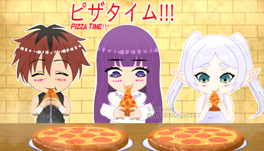 1boy 2girls bilingual brick_wall chibi commentary eating elf english_commentary fern_(sousou_no_frieren) food frieren highres holding holding_food holding_pizza long_hair mixed-language_commentary mixed-language_text multiple_girls parted_bangs pepperoni pizza pizza_slice pointy_ears purple_hair self-upload sousou_no_frieren stark_(sousou_no_frieren) the_blackout white_hair