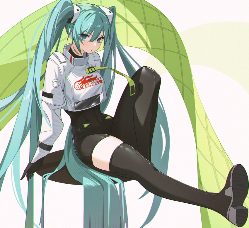 1girl :o black_bodysuit black_gloves black_thighhighs blue_eyes blue_hair bodysuit boots breasts collared_jacket debu_xiao_huajiang foot_up full_body gloves hair_between_eyes hatsune_miku highres jacket knee_up long_hair looking_at_viewer medium_breasts parted_lips print_shirt racing_miku racing_miku_(2022) racing_suit shirt shoe_soles sidelocks simple_background single_leg_bodysuit single_thighhigh sitting solo thigh_boots thighhighs twintails v-shaped_eyebrows very_long_hair vocaloid white_background white_jacket zettai_ryouiki