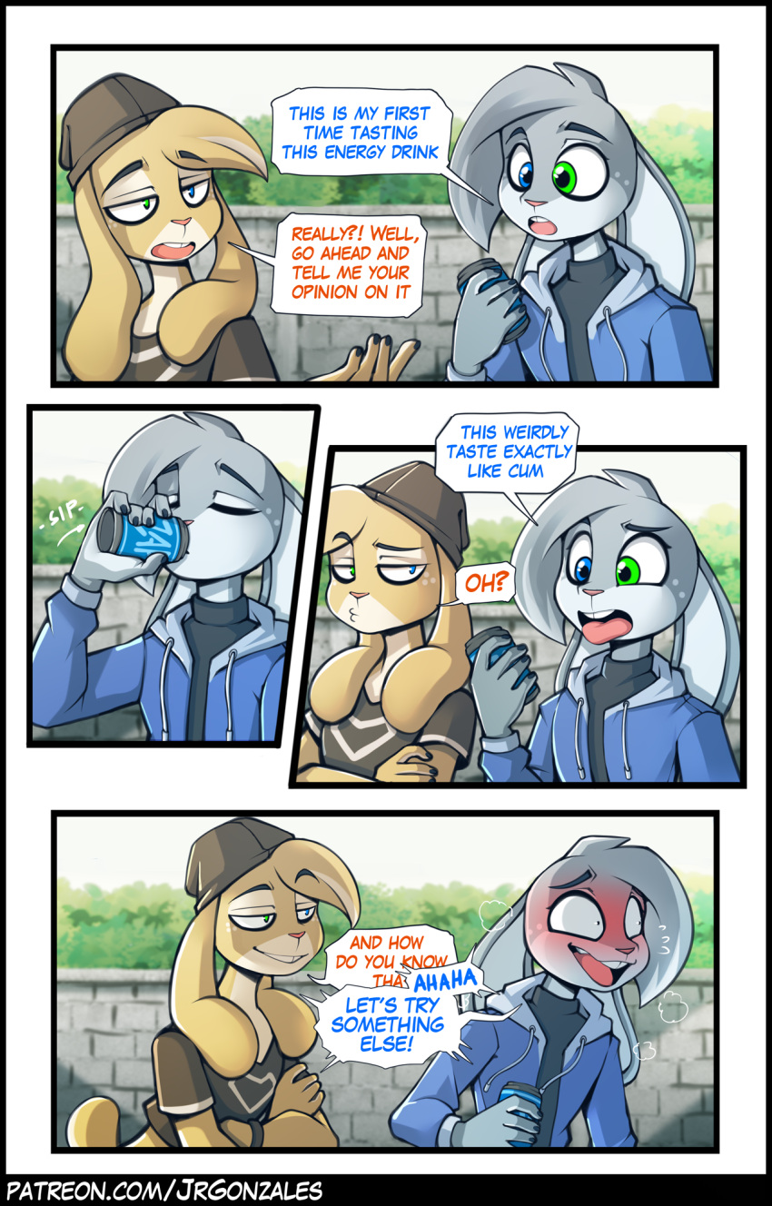 anthro blue_eyes blush buckteeth clothed clothing comic dialogue duo embarrassed english_text eyes_closed girly green_eyes hererochromia hi_res jay-r lagomorph leporid male mammal open_mouth rabbit teeth text tongue tongue_out url vix_(jay-r)