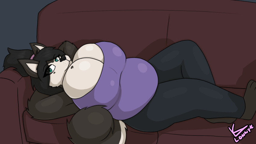 16:9 anthro big_breasts breasts canid canine canis cleavage cleavage_overflow clothed clothing domestic_dog female furniture hands_behind_head hi_res huge_breasts husky kayla_(lonnyk) lonnyk looking_at_viewer lying_on_sofa mammal nordic_sled_dog on_sofa overweight overweight_female shirt sofa solo spitz tank_top topwear widescreen