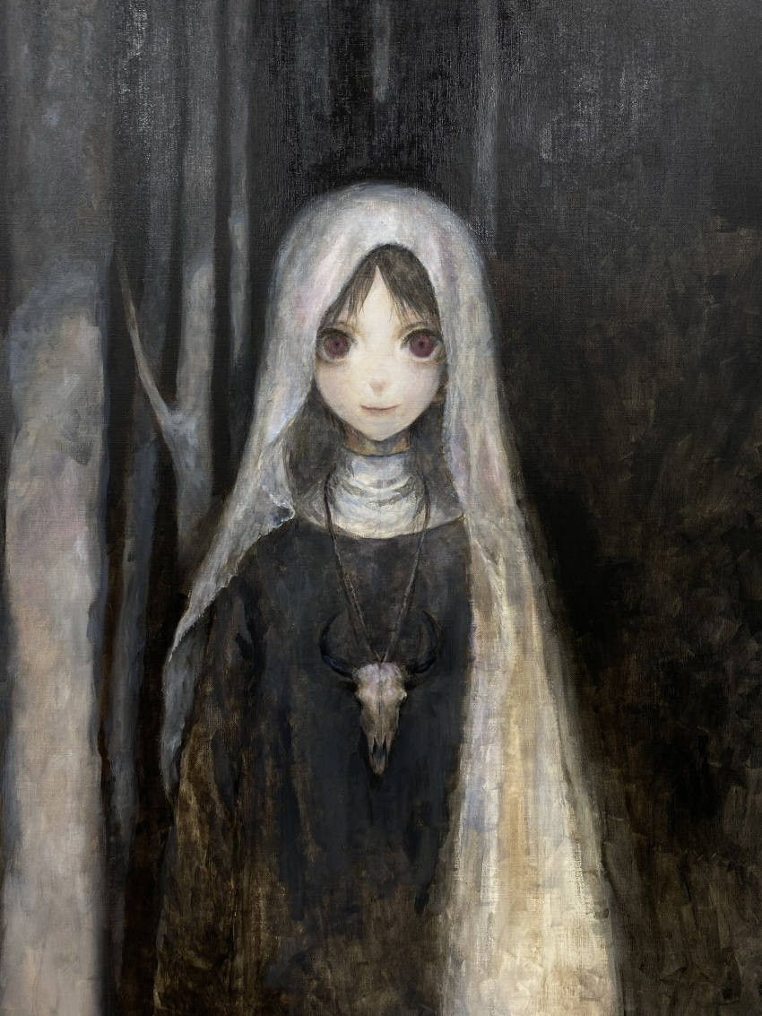 1girl animal_skull black_hair black_robe closed_mouth dark forest highres horror_(theme) jewelry jiz_(pffbq) looking_at_viewer nature necklace night original painting_(medium) purple_eyes robe skull_necklace smile solo standing traditional_media tree veil