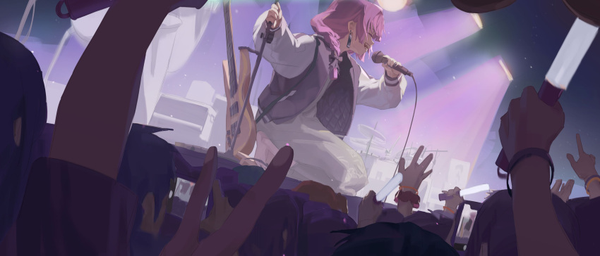 absurdres bass_guitar black_bow black_nails bocchi_the_rock! bow bracelet braid cellphone character_counter_request commentary_request crowd dress drum drum_set drumsticks earrings from_side geta glowstick green_dress guitar hair_bow highres hiroi_kikuri holding holding_drumsticks holding_microphone holding_microphone_stand instrument jacket japanese_clothes jewelry kimono kneeling last853 letterman_jacket microphone microphone_stand music nail_polish open_mouth phone purple_hair recording sharp_teeth shimizu_eliza singing single_braid smartphone stage stage_lights tassel tassel_earrings teeth v white_kimono