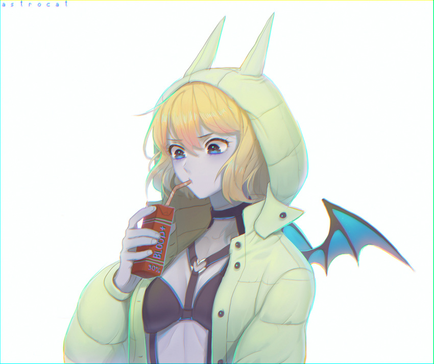 1girl animal_ear_hood animal_ears artist_name astrocatsama bat_ears bat_wings black_bra blonde_hair blue_eyes blue_wings bra breasts buttons cleavage coat collarbone colored_skin commentary drink drinking drinking_straw english_commentary eyelashes fake_animal_ears fingernails furrowed_brow green_coat green_hood green_sleeves grey_skin halterneck highres holding holding_drink hood hood_up hooded_coat juice_box light_blush long_sleeves looking_at_object mini_wings o-ring_bra open_clothes open_coat original puffy_long_sleeves puffy_sleeves ribs short_hair simple_background stomach underwear white_background wings