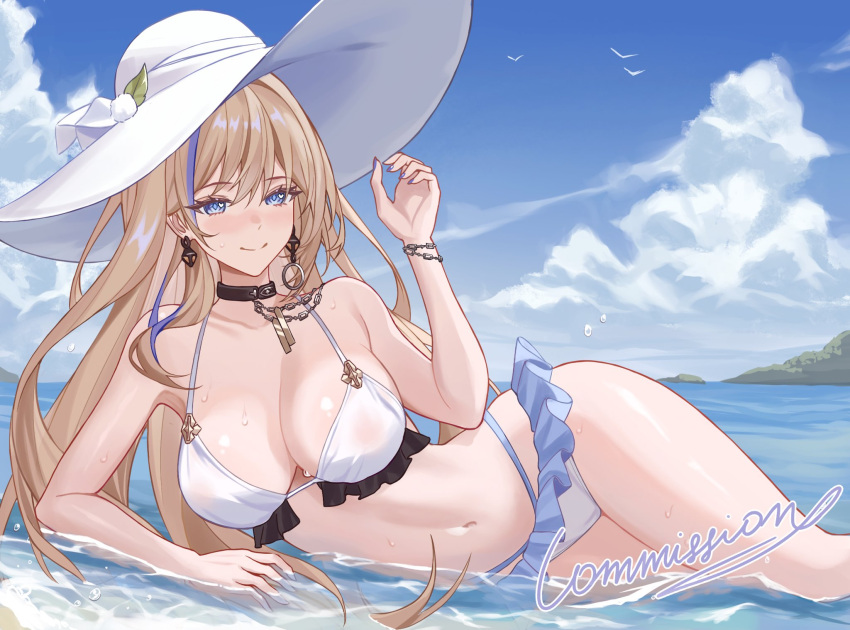 1girl bare_arms bare_shoulders bikini black_choker blonde_hair blue_eyes blue_hair blue_sky breasts chinoa choker cloud commentary commission day earrings feet_out_of_frame hand_up highres honkai:_star_rail honkai_(series) jewelry large_breasts long_hair looking_at_viewer lying multicolored_hair navel on_side serval_landau skeb_commission sky smile solo stomach streaked_hair swimsuit thighs very_long_hair water white_bikini white_headwear