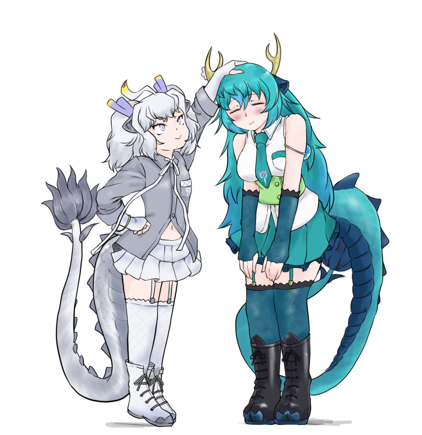 2girls :&gt; bare_shoulders black_footwear blue_dragon_(kemono_friends) blue_gloves blue_hair blue_necktie blue_skirt blue_thighhighs blush boots bow bowtie closed_eyes collared_shirt dragon_ears dragon_girl dragon_horns dragon_tail elbow_gloves fingerless_gloves frilled_gloves frilled_skirt frilled_thighhighs frills garter_straps gloves grey_eyes grey_shirt hair_between_eyes headpat height_difference highres horns hunched_over japari_symbol kemono_friends long_hair long_sleeves midriff_peek multiple_girls navel necktie pleated_skirt saja_(166j357) shirt short_hair short_twintails sidelocks skirt sleeveless tail thighhighs tiptoes twintails white_bow white_bowtie white_dragon_(kemono_friends) white_footwear white_gloves white_shirt white_skirt white_thighhighs