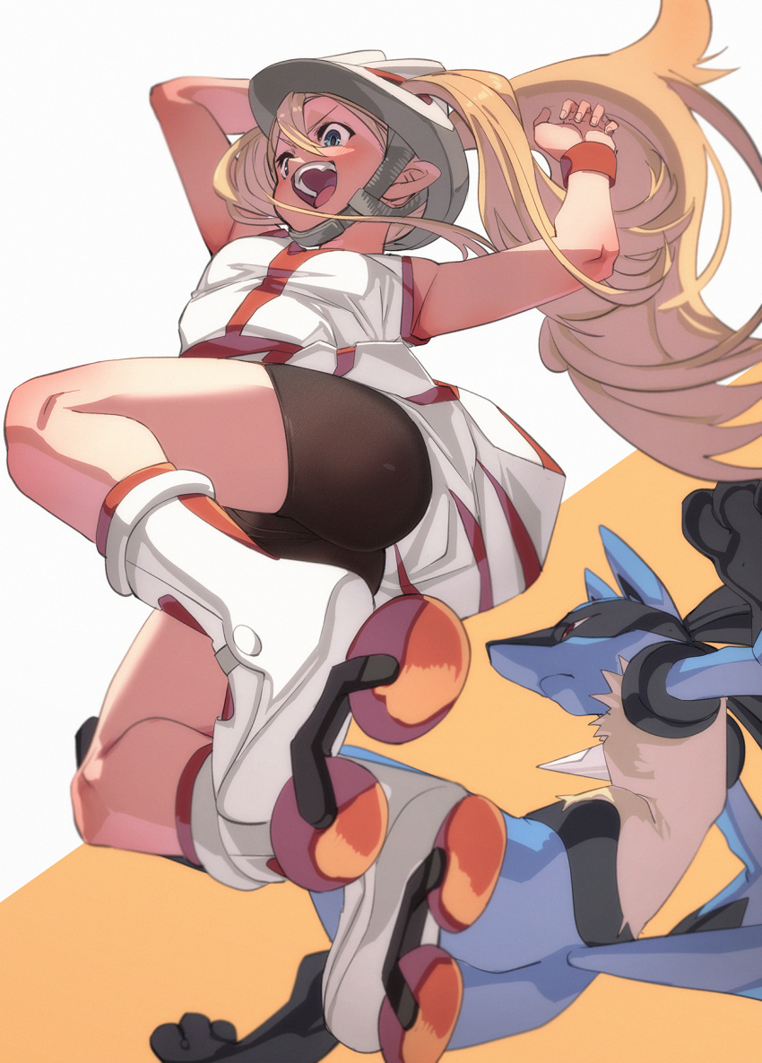 1girl arm_up bicycle_helmet bike_shorts blonde_hair blush boots breasts commentary_request dress fu-ta hair_between_eyes hand_up helmet highres knees korrina_(pokemon) long_hair lucario open_mouth pokemon pokemon_(creature) pokemon_xy roller_skates skates sleeveless sleeveless_dress teeth tongue upper_teeth_only white_dress white_footwear wristband