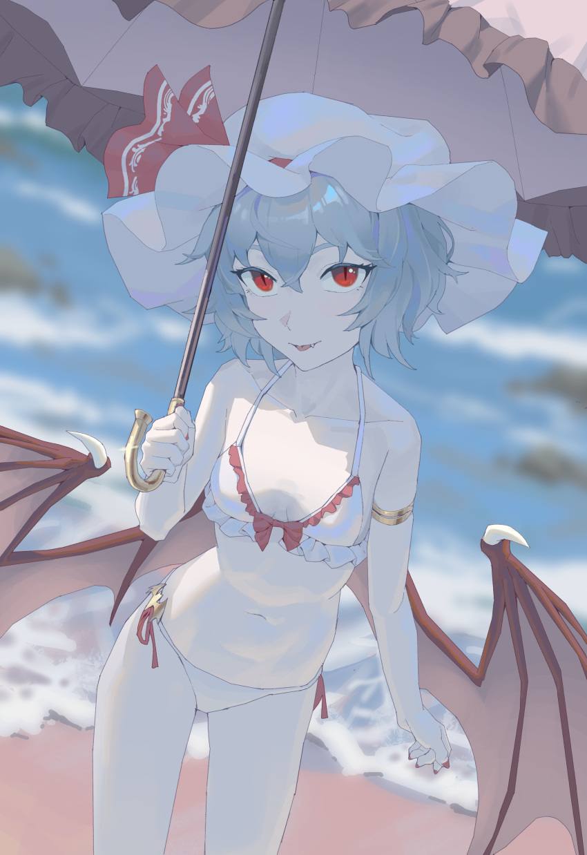 1girl absurdres bat_wings beach bikini blue_hair blurry blurry_background breasts collarbone fingernails frills hair_between_eyes hat hat_ribbon highres holding holding_umbrella looking_at_viewer mob_cap nail_polish navel outdoors red_eyes red_nails red_ribbon remilia_scarlet ribbon shore short_hair small_breasts solo standing swimsuit tongue tongue_out touhou umbrella white_bikini white_headwear wings youpofen