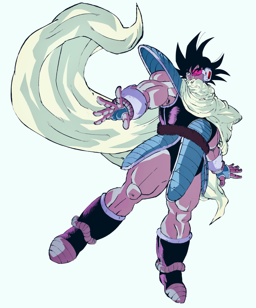 1boy absurdres black_eyes black_hair boots bracer cloak dragon_ball dragon_ball_z dutch_angle evil_smile fingerless_gloves floating floating_cape full_body gloves hair_between_eyes highres male_focus monkey_tail muscular muscular_male oharu2000 open_hand saiyan saiyan_armor scouter sleeveless smile solo spiked_hair tail tail_around_waist tullece white_background