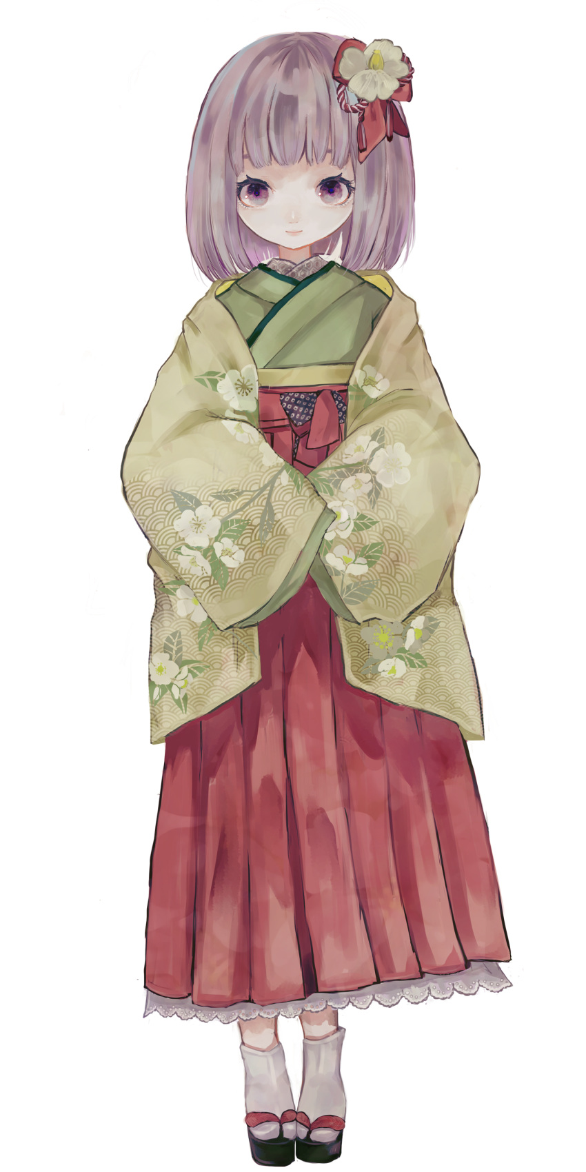 1girl absurdres bob_cut commentary floral_print flower full_body green_kimono hair_flower hair_ornament hair_ribbon hakama hakama_skirt hieda_no_akyuu highres japanese_clothes kimono long_sleeves looking_at_viewer own_hands_together purple_eyes purple_hair red_ribbon ribbon sandals sano_naoi short_hair skirt sleeves_past_fingers sleeves_past_wrists smile socks solo touhou white_background white_legwear wide_sleeves