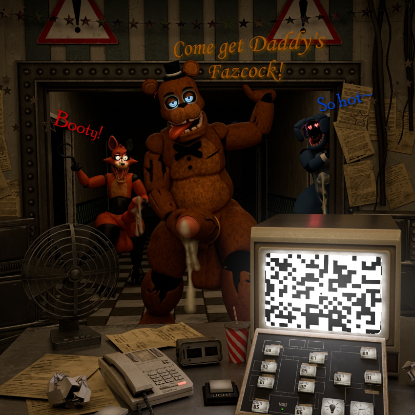 3d_(artwork) animal_genitalia animal_penis animatronic anonymousfm anthro balls bear bodily_fluids brown_body canid canine canine_genitalia canine_penis clothing digital_media_(artwork) erection eye_patch eyewear five_nights_at_freddy's five_nights_at_freddy's_2 fox fur genitals group hat headgear headwear hi_res humanoid_genitalia humanoid_penis knot lagomorph leporid machine male mammal nude open_mouth penis penis_size_difference rabbit robot scott_cawthon scottgames size_difference smile text tongue trio withered_bonnie_(fnaf) withered_foxy_(fnaf) withered_freddy_(fnaf)