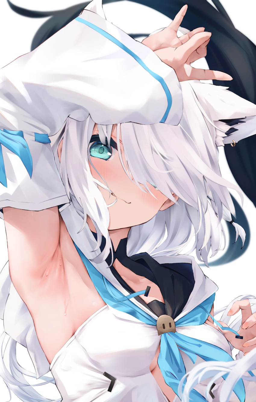 1girl absurdres animal_ear_piercing animal_ears aqua_hair arm_up armpits blue_neckerchief blush braid breasts closed_mouth commentary_request crossed_bangs detached_sleeves extra_ears fox_ears fox_girl fox_shadow_puppet hair_between_eyes hair_over_one_eye highres hololive hood hood_down long_hair looking_at_viewer medium_breasts neckerchief shirakami_fubuki shirakami_fubuki_(1st_costume) simple_background single_braid smile solo uechin_ewokaku upper_body virtual_youtuber white_background white_hair white_hood