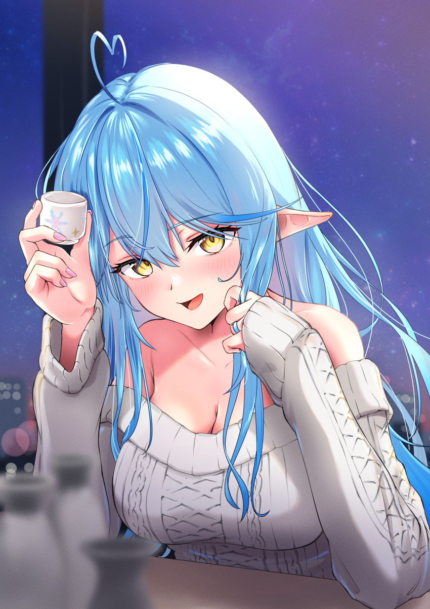 1girl absurdres ahoge blue_hair blush breasts choko_(cup) cleavage cup heart heart_ahoge highres hololive jewelry large_breasts long_hair off-shoulder_sweater off_shoulder pink_nails pointy_ears ring sweater tatataecho tokkuri virtual_youtuber yellow_eyes yukihana_lamy