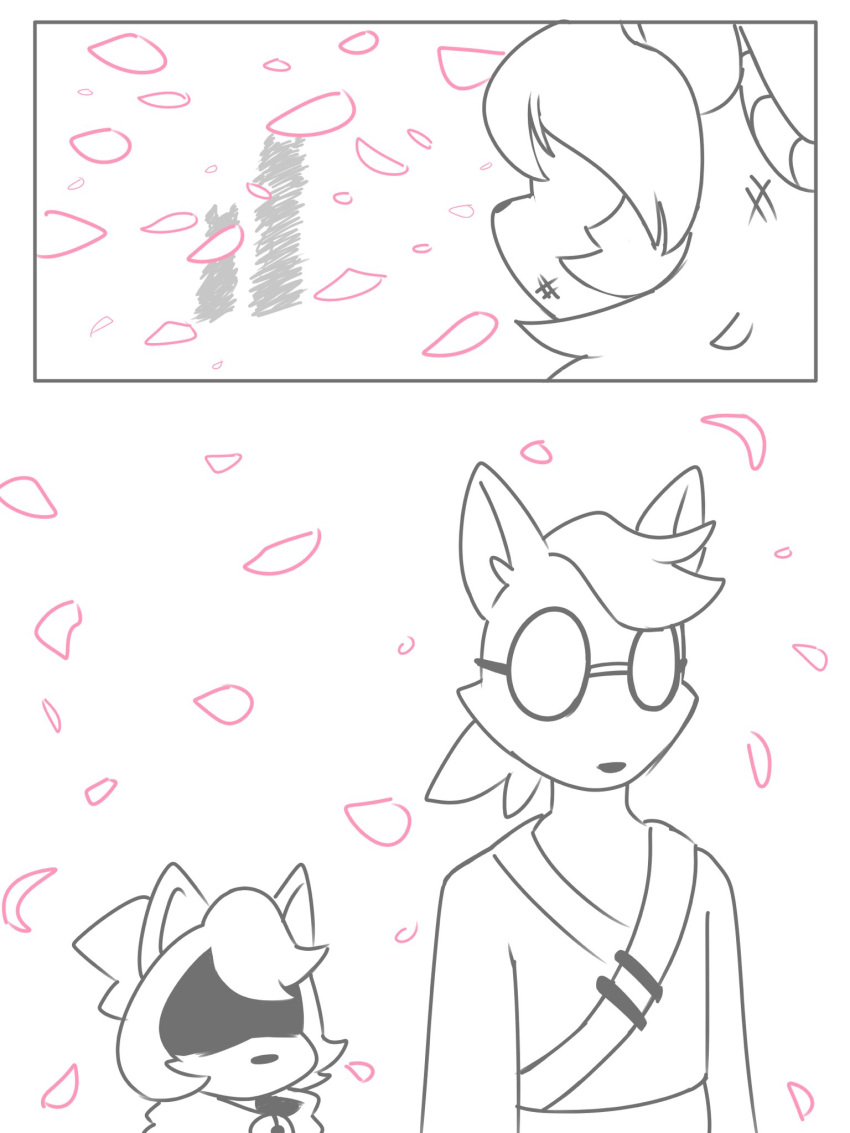 3:4 87 after_fight anthro asian_clothing bangs bell bottomwear bow_(disambiguation) bruised canid canine ceroba_(undertale_yellow) chujin_(undertale_yellow) clothing comic dirty east_asian_clothing eyewear female fox glasses group hair hi_res japanese_clothing kanako_(undertale_yellow) kimono long_hair male mammal obi petals ponytail prick_ears sakura shadowed_eyes side_bangs skirt solo trio undertale_(series) undertale_yellow