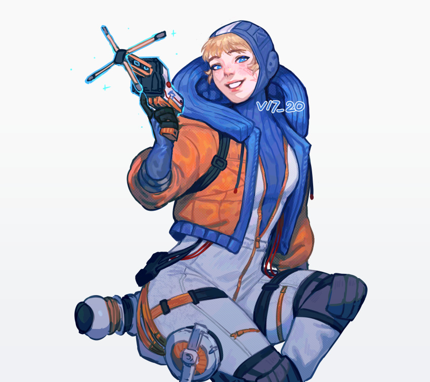 1girl absurdres apex_legends blonde_hair blue_bodysuit blue_eyes blue_headwear bodysuit cable energy_reader_(apex_legends) freckles grey_background highres hood hooded_jacket jacket orange_jacket parted_lips ribbed_bodysuit scar scar_on_cheek scar_on_face sitting smile solo sparkle thigh_strap vesper_(v17-20) wattson_(apex_legends) white_bodysuit