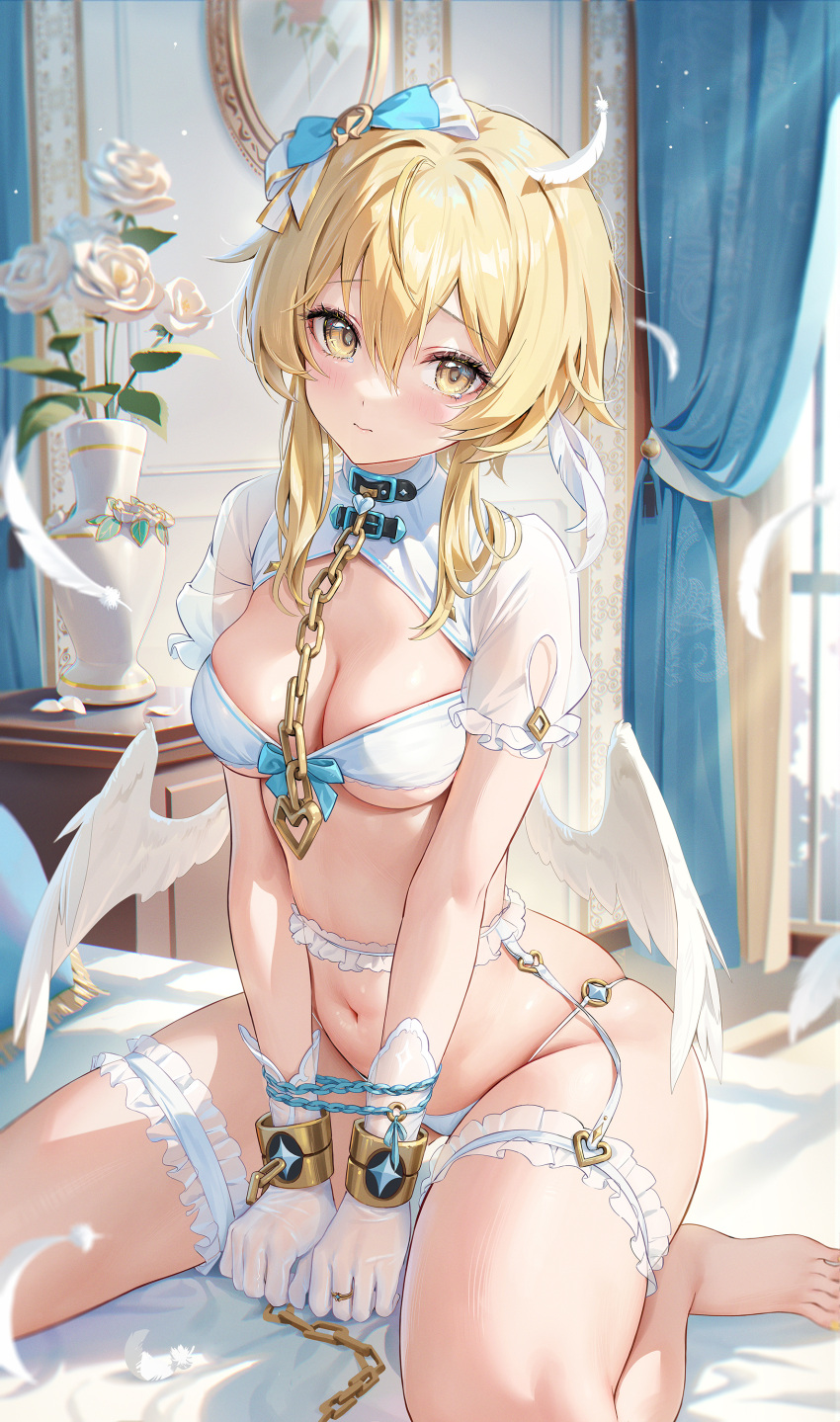 1girl absurdres alternate_costume angel_wings barefoot blonde_hair bow bra breasts bridal_garter chain cleavage closed_mouth cuffs dated_commentary falling_feathers feathers garter_belt genshin_impact gloves hair_between_eyes hair_bow handcuffs highres houkisei large_breasts looking_at_viewer lumine_(genshin_impact) navel on_bed short_hair_with_long_locks shrug_(clothing) sitting toes underwear vase wariza white_bra white_garter_belt white_gloves wings yellow_eyes