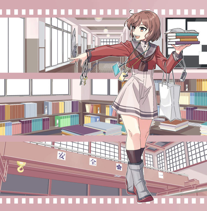 1girl absurdres bag book boots brown_eyes brown_hair brown_neckerchief dress full_body grey_sailor_collar hallway highres kantai_collection key library looking_to_the_side ndkazh neckerchief no_headgear quill red_shirt sailor_collar shirt shopping_bag short_hair smile solo tan_yang_(kancolle) white_dress yukikaze_(kancolle)