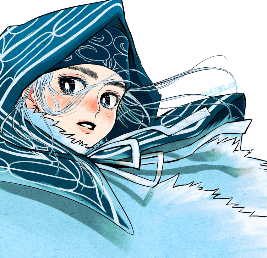 1girl ainu asirpa blue_hair blue_headband blue_theme blush cloak close-up dctroo_08 floating_hair fur_cloak golden_kamuy headband highres hood long_hair looking_to_the_side neck_ribbon parted_lips pink_lips ribbon simple_background solo white_background