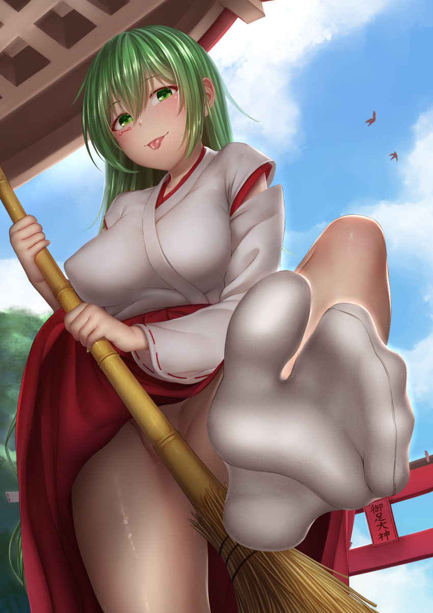 1girl :p bamboo_broom bird blue_sky blush breasts broom clothes_lift cloud convenient_censoring day feet foot_focus foreshortening from_below green_eyes green_hair hair_between_eyes hakama hakama_skirt highres holding holding_broom japanese_clothes kimono large_breasts leg_up long_hair long_sleeves looking_at_viewer miko no_panties no_shoes outdoors paid_reward_available red_hakama skirt sky smile socks soles solo standing standing_on_one_leg tabi toes tongue tongue_out torii very_long_hair white_kimono white_socks wide_sleeves yui_hiroshi