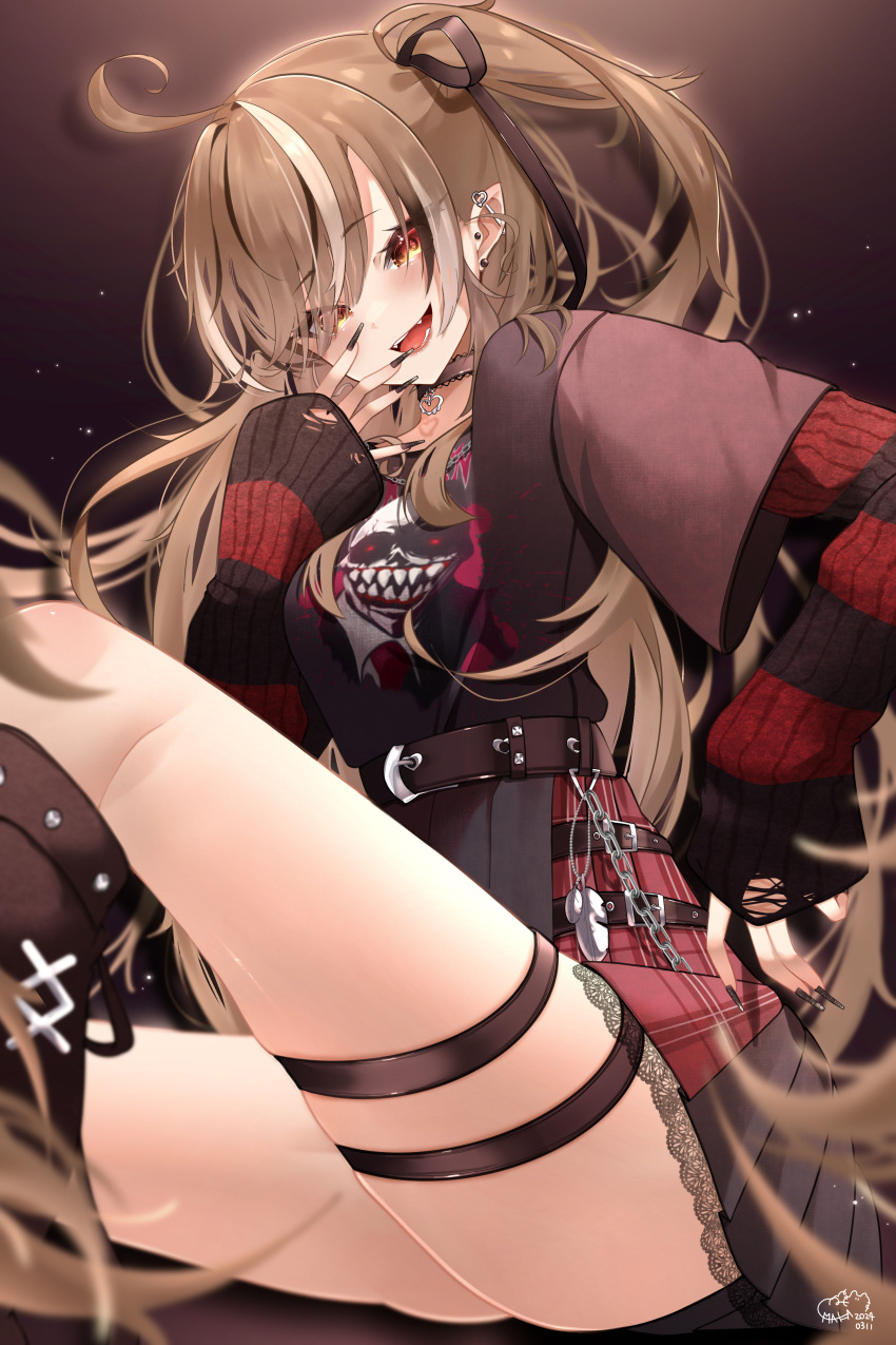 1girl absurdres belt black_belt black_choker black_hair black_leg_warmers black_nails black_ribbon black_shirt black_skirt black_sweater breasts brown_eyes brown_hair choker ear_piercing hair_ribbon highres hololive hololive_english lace-trimmed_choker lace_trim long_hair looking_at_viewer maka_aratame medium_breasts multicolored_hair nail_polish nanashi_mumei nanashi_mumei_(4th_costume) nightmare_(nanashi_mumei) official_alternate_costume one_side_up open_mouth piercing red_sweater ribbon shirt skirt smile solo streaked_hair striped_clothes striped_sweater sweater thigh_strap torn_clothes torn_sweater very_long_hair virtual_youtuber white_hair