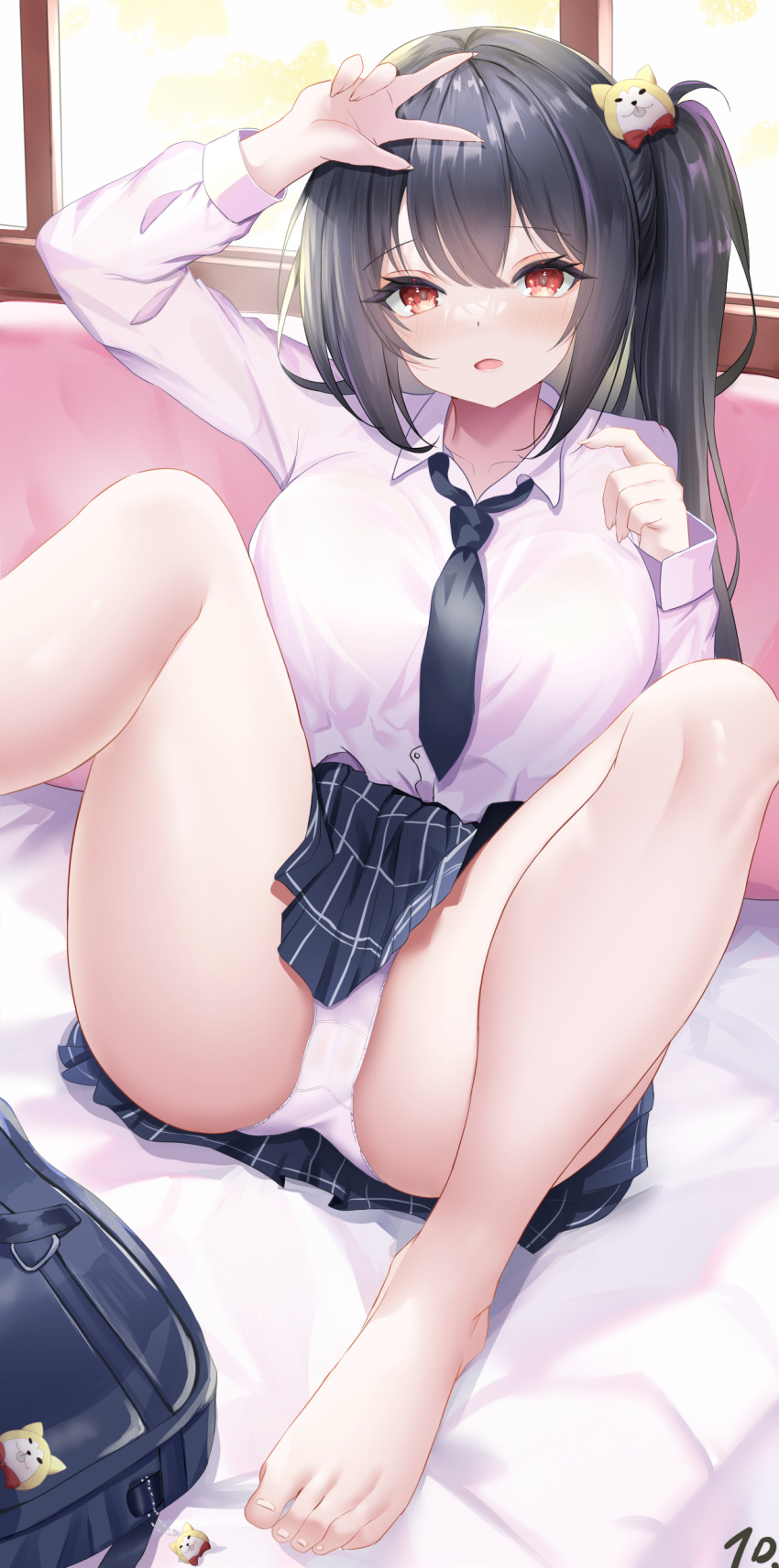 1girl absurdres bag bare_legs barefoot bed bed_sheet black_hair black_necktie blush breasts cat_hair_ornament collared_shirt commentary_request crotch foot_out_of_frame hair_between_eyes hair_ornament highres karee legs looking_at_viewer nanoda002_(saber427) necktie on_bed open_mouth original red_eyes school_bag school_uniform shirt side_ponytail sidelocks sitting thighs v white_shirt window