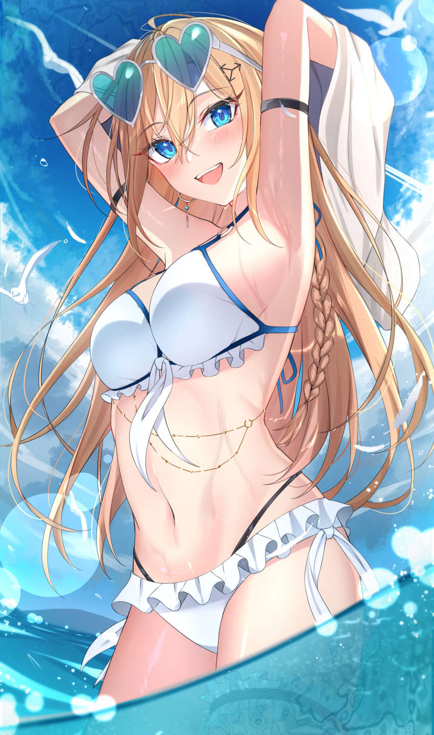 1girl absurdres armlet arms_up bikini blonde_hair blue-tinted_eyewear blue_eyes blush braid breasts cloud commentary_request day earrings frilled_bikini frills hair_between_eyes hair_ornament heart heart-shaped_eyewear highres jewelry kunimine_yuzuki long_hair medium_breasts navel ocean open_mouth original outdoors partially_underwater_shot side_braid solo stomach sunglasses swimsuit teeth thigh_strap tinted_eyewear upper_teeth_only white_bikini