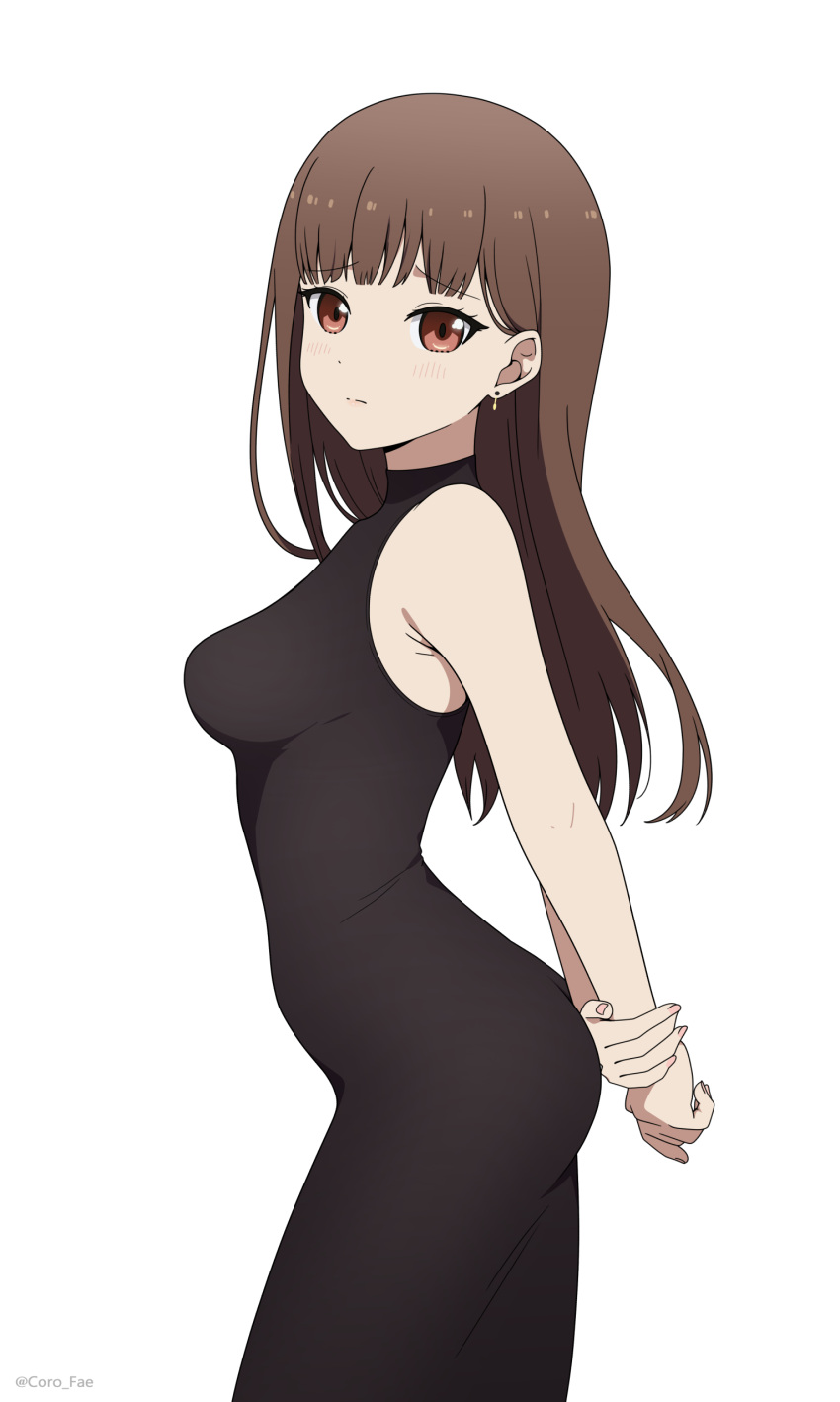 1girl absurdres arms_behind_back bare_arms bare_shoulders black_dress breasts brown_eyes closed_mouth coro_fae cowboy_shot dot_nose dress earrings fingernails from_side furrowed_brow hair_down highres holding_own_wrist iino_miko jewelry kaguya-sama_wa_kokurasetai_~tensai-tachi_no_renai_zunousen~ light_blush long_fingernails long_hair looking_at_viewer medium_breasts paid_reward_available simple_background sleeveless sleeveless_dress solo split_mouth standing tight_clothes tight_dress turning_head twitter_username white_background