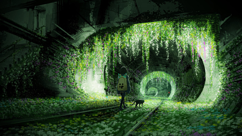 1girl animal_ears backpack bag black_cat black_hair cat cat_ears cat_paw chocoshi flower from_behind full_body highres hood hoodie industrial_pipe light light_rays original oversized_clothes plant post-apocalypse railroad_tracks road_sign scenery shadow short_hair sign solo stairs stop_sign subway thighhighs underground vines walking zettai_ryouiki